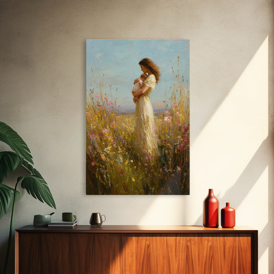 Mother Holding Baby In Wildflower Meadow Wall Art, Impressionist Oil Painting, Feminine Nursery Decor, Gift For Mom, Home Decor