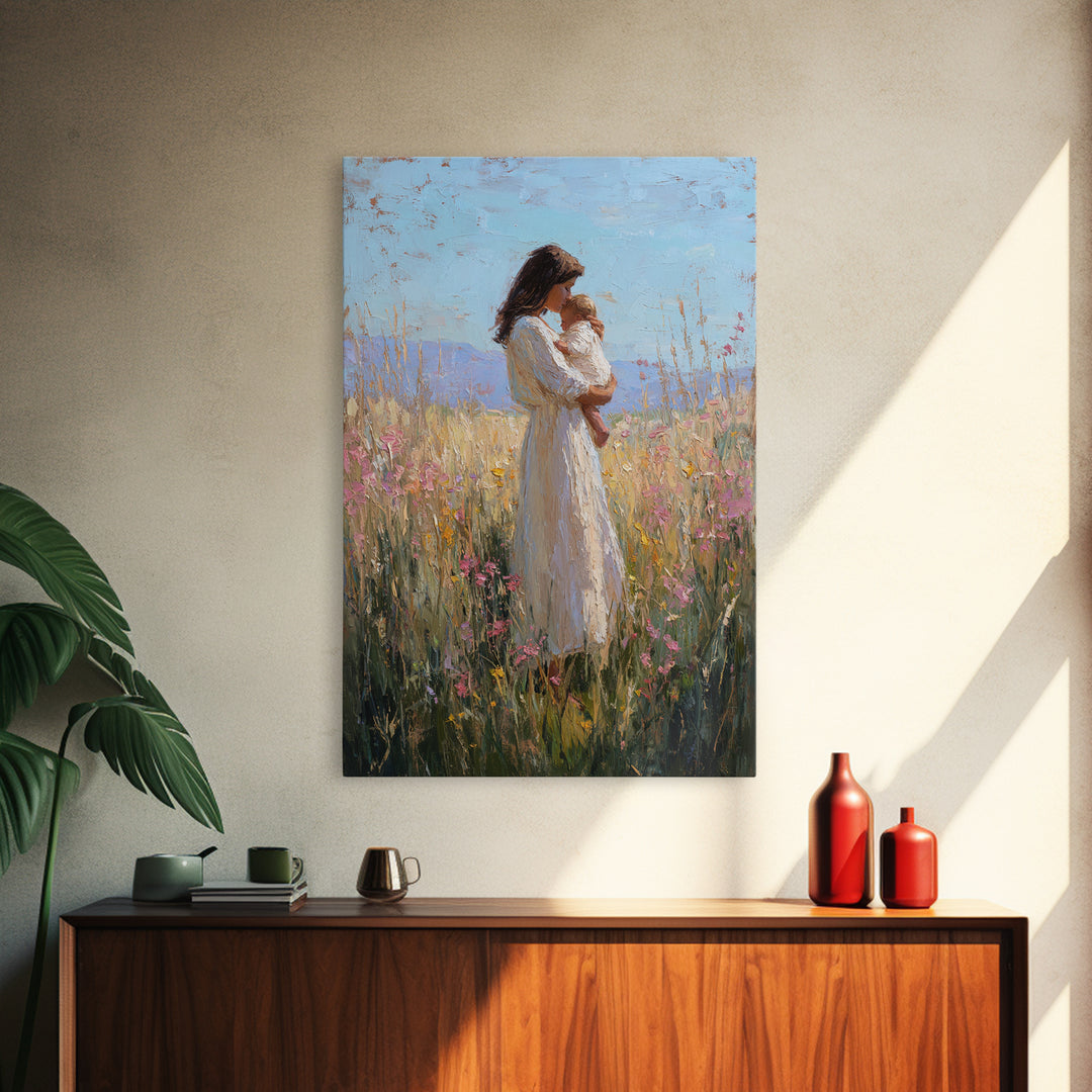 Mother And Baby In Sunlit Wildflower Field Framed Canvas Print, Impressionist Painting, Nursery Wall Art, Gift For Mom, Decor