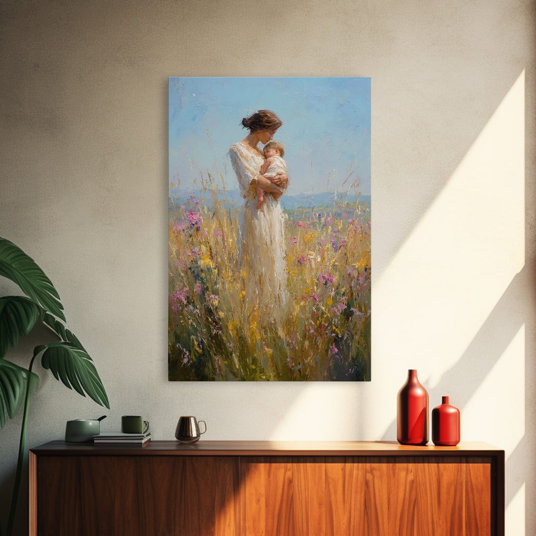Mother Cradling Baby In Golden Wildflower Meadow Canvas Print, Impressionist Oil Painting, Feminine Wall Art, Gift For Mom