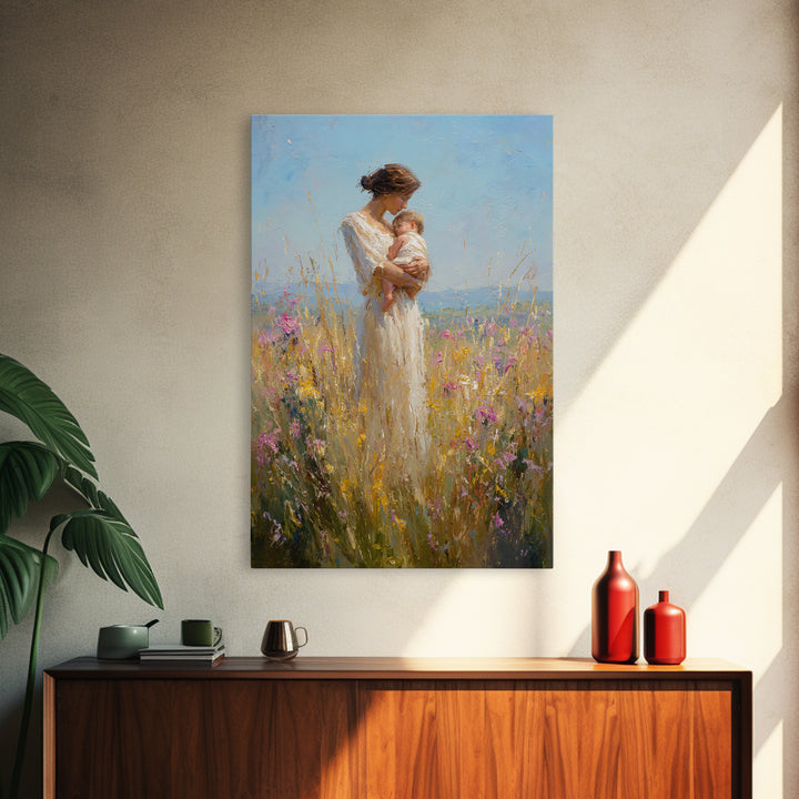 Mother Cradling Baby In Golden Wildflower Meadow Canvas Print, Impressionist Oil Painting, Feminine Wall Art, Gift For Mom