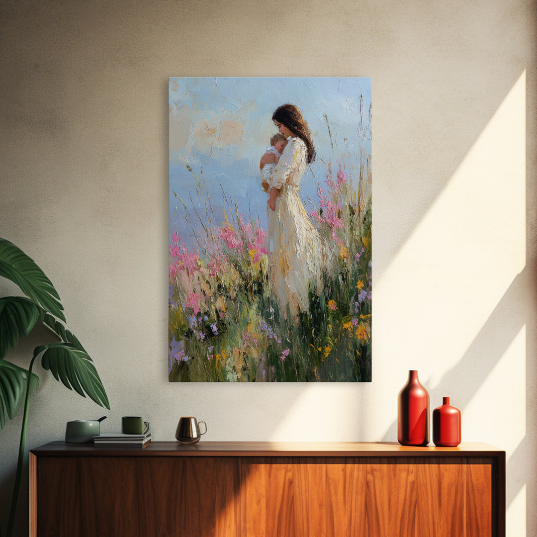 Mother And Newborn In Pink Wildflower Garden Wall Art, Impressionist Oil Painting, Feminine Nursery Decor, Gift For Mom, Home Decor