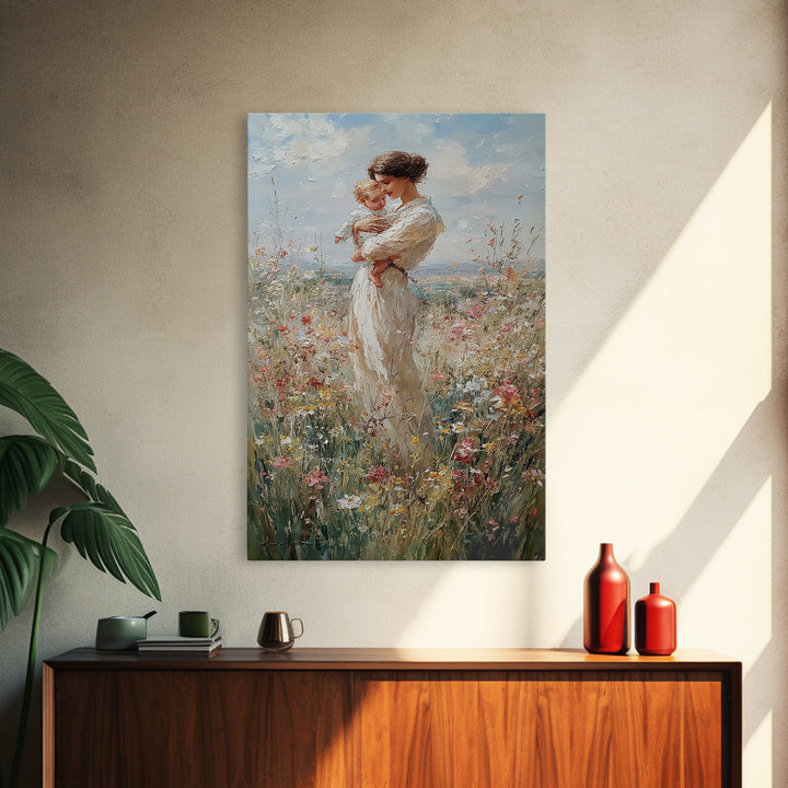 Mother And Baby Among Daisies And Wildflowers Framed Canvas Print, Impressionist Painting, Nursery Wall Art, Gift For Mom