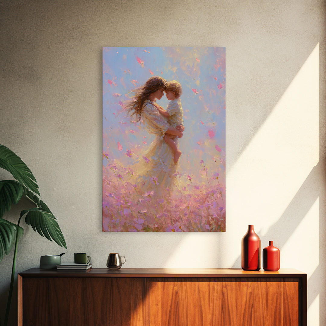 Mother Holding Child In Pink Petal Meadow Framed Canvas Print, Dreamy Impressionist Painting, Feminine Wall Art, Gift For Mom