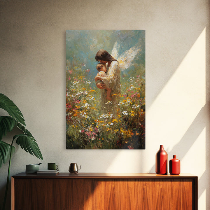 Angel Mother Holding Baby In Wildflower Meadow Framed Canvas Print, Guardian Angel Nursery Art, Spiritual Gift For Mom, Home Decor