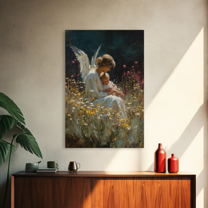 Seated Guardian Angel With Baby In Daisy Meadow Canvas Print, Spiritual Nursery Wall Art, Gift For Her, Moody Home Decor