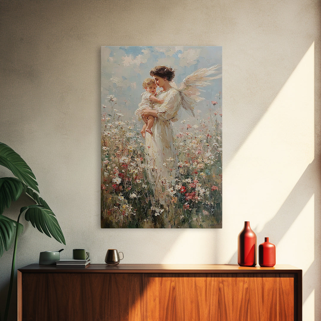 Standing Guardian Angel Holding Baby In Wildflower Field Canvas Print, Spiritual Wall Art, Nursery Decor, Gift For Mom, Home Decor