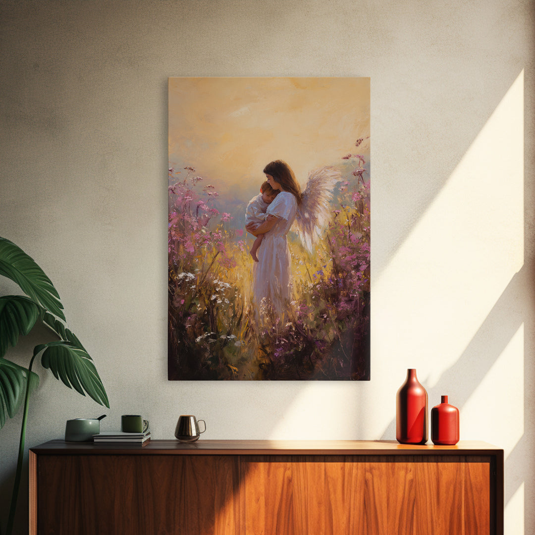 Sunset Angel Mother Holding Baby Among Purple Wildflowers Canvas Print, Spiritual Wall Art, Gift For Mom, Nursery Home Decor