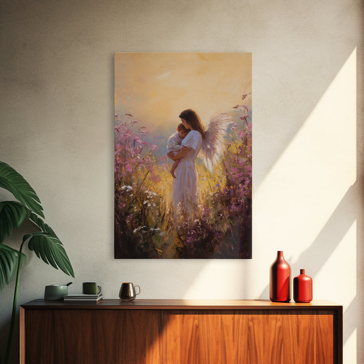 Sunset Angel Mother Holding Baby Among Purple Wildflowers Canvas Print, Spiritual Wall Art, Gift For Mom, Nursery Home Decor