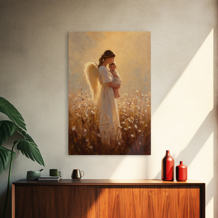 Golden Angel Mother And Baby In Cotton Meadow Framed Canvas Print, Warm Spiritual Wall Art, Nursery Home Decor, Gift For Mom