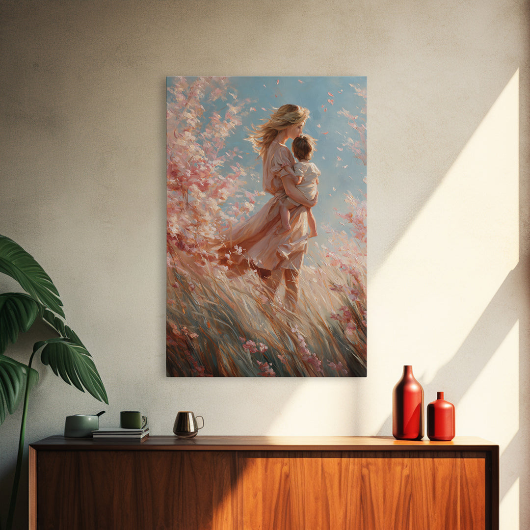 Windblown Angel Mother Carrying Baby Through Pink Blossoms Canvas Print, Feminine Spiritual Wall Art, Gift For Mom, Nursery Decor