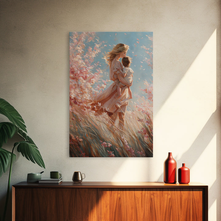 Windblown Angel Mother Carrying Baby Through Pink Blossoms Canvas Print, Feminine Spiritual Wall Art, Gift For Mom, Nursery Decor