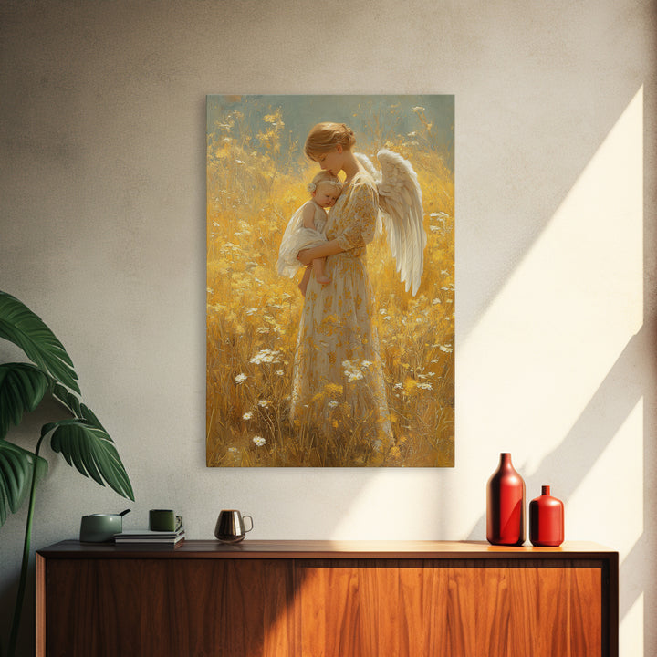 Golden Meadow Angel Holding Sleeping Baby Framed Canvas Print, Spiritual Nursery Wall Art, Gift For Mom, Christian Home Decor