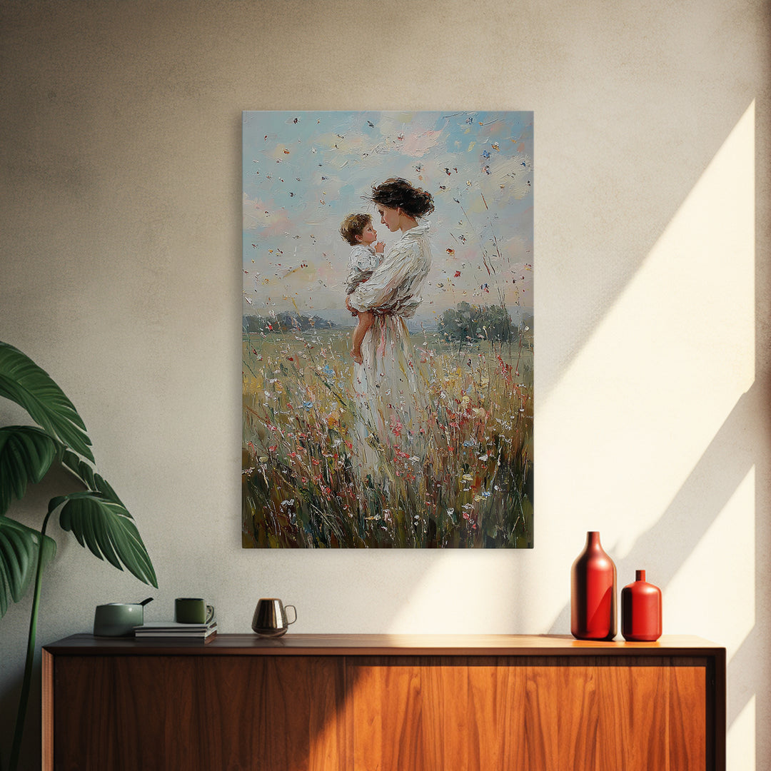 Mother And Baby In Windy Wildflower Meadow Canvas Print, Feminine Wall Art, Nursery Decor, Gift For Mom, Home Decor, Living Room Decor
