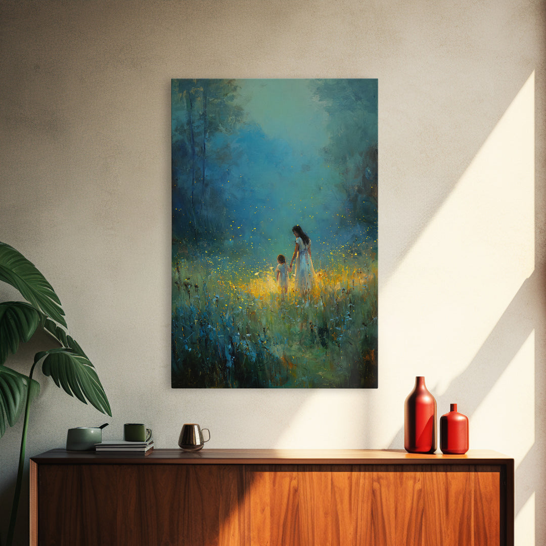 Mother And Child In Glowing Blue Forest Framed Canvas Print, Fantasy Wall Art, Nature Wall Art, Nursery Decor, Gift For Her