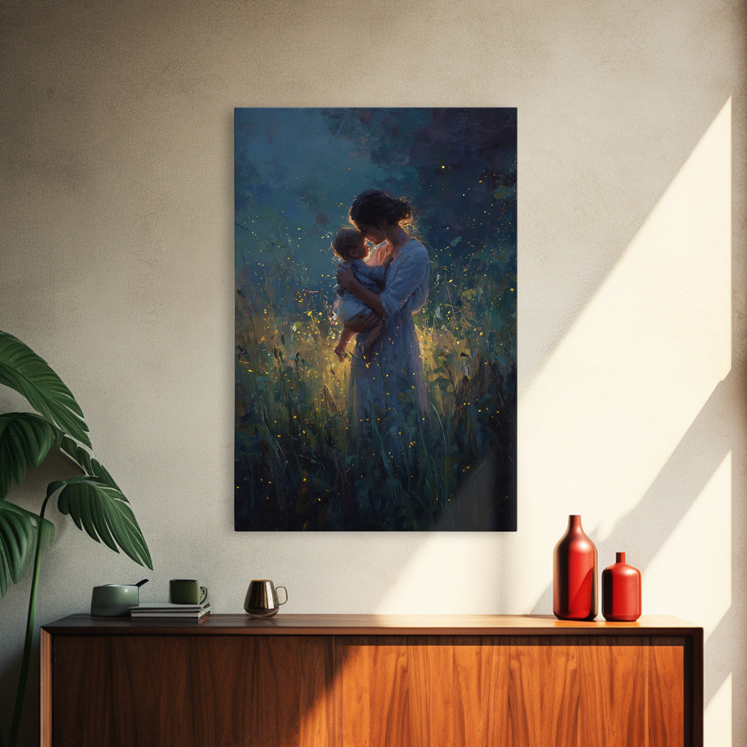 Mother And Baby With Golden Fireflies At Night Framed Canvas Print, Moody Wall Art, Spiritual Gift, Bedroom Wall Art, Nursery Decor
