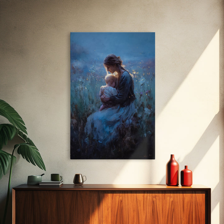 Seated Mother And Baby In Blue Twilight Meadow Wall Art, Moody Nursery Decor, Fine Art Print, Gift For Her, Home Decor, Living Room Decor