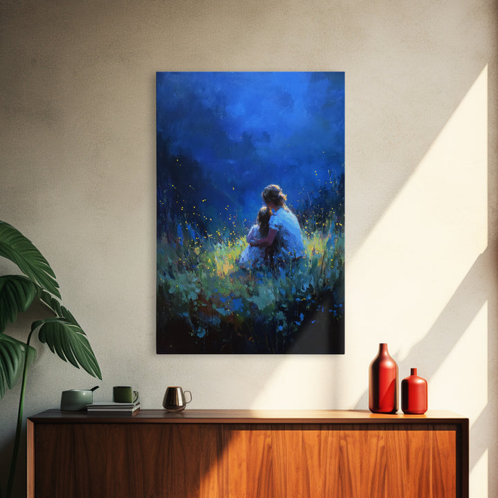 Mother And Child In Deep Blue Firefly Meadow Canvas Print, Moody Wall Art, Fantasy Decor, Nursery Wall Art, Gift For Her
