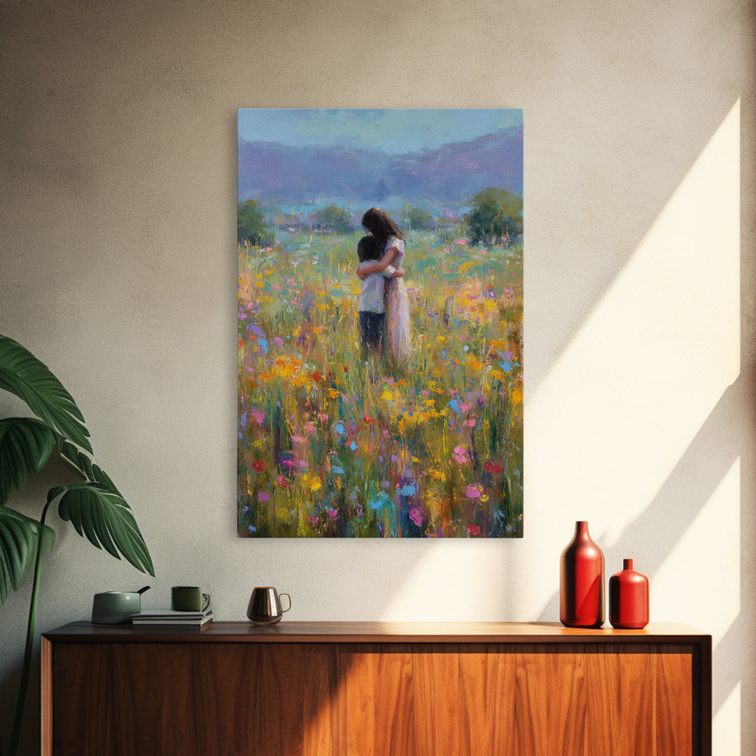 Mother And Child In Wildflower Meadow Wall Art, Impressionist Oil Painting Print, Floral Nursery Decor, Living Room Decor, Gift For Mom