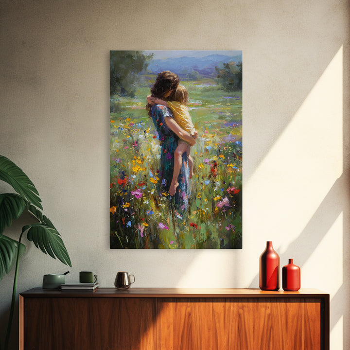 Mother Carrying Child Through Wildflower Meadow Canvas Print, Impressionist Floral Wall Decor, Nursery Art, Gift For Mom