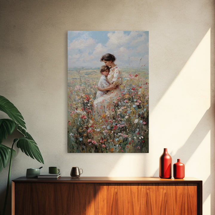 Seated Mother And Child In Coastal Wildflowers Canvas Print, Impressionist Floral Wall Art, Beach House Decor, Gift For Mom