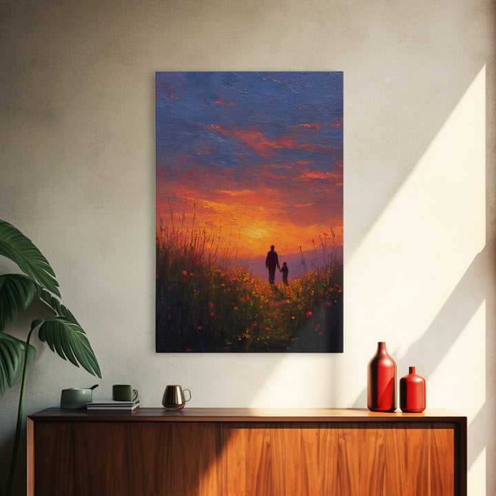 Father And Child Walking At Sunset Wall Art, Colorful Wildflower Meadow Canvas, Family Gift, Living Room Decor, Housewarming Gift