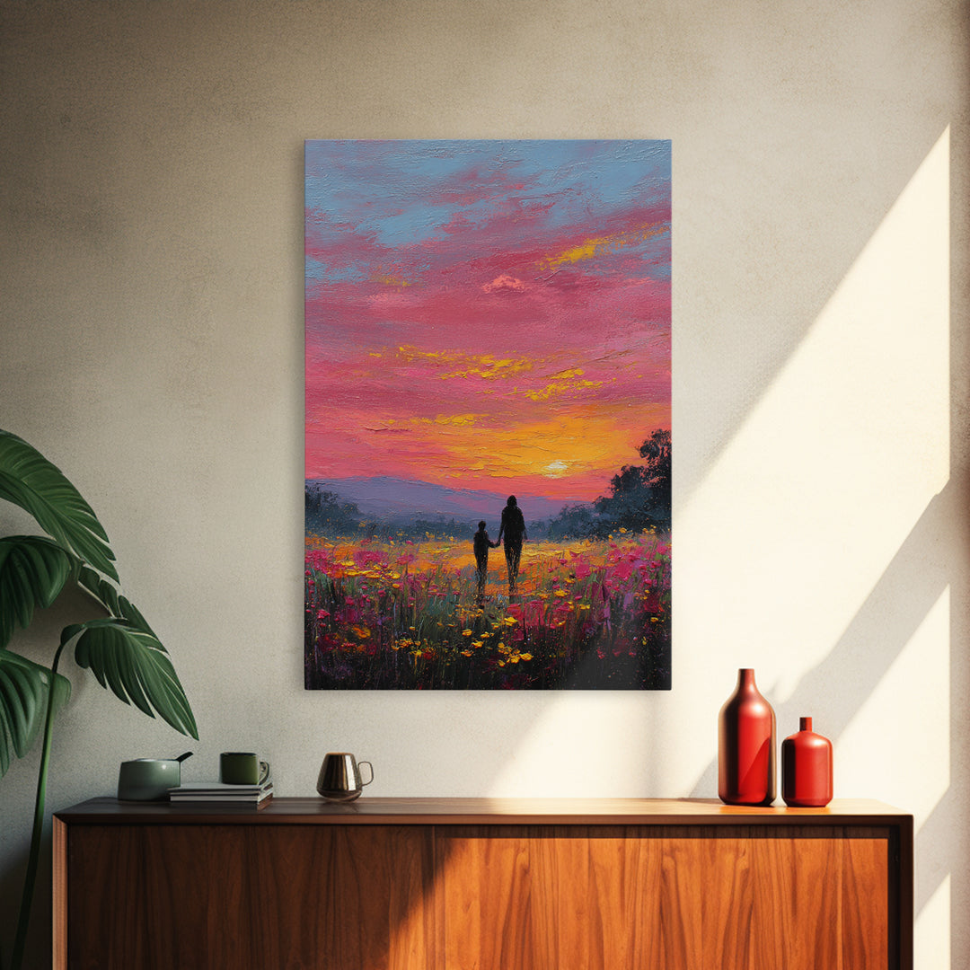 Father And Child Walking Through Pink Sunset Meadow Wall Art, Colorful Landscape Canvas Print, Family Gift, Bedroom Decor