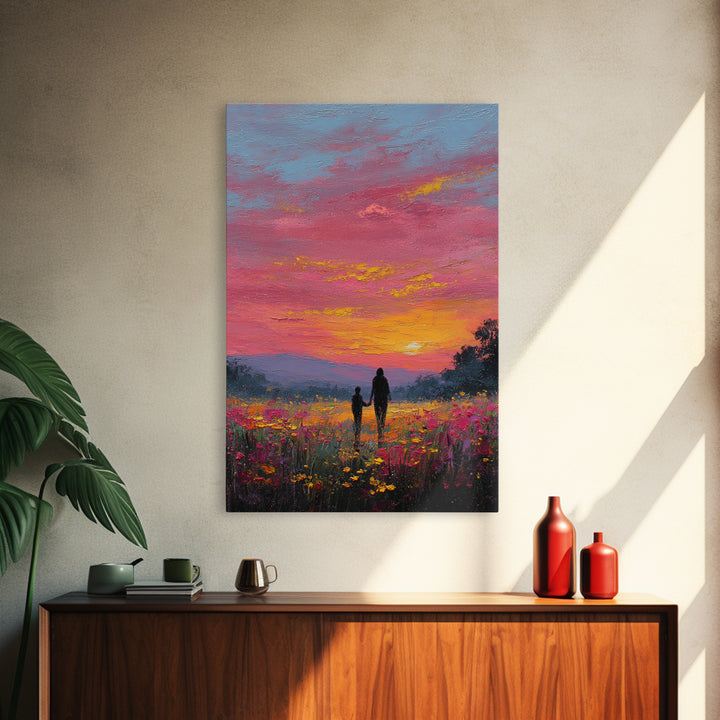 Father And Child Walking Through Pink Sunset Meadow Wall Art, Colorful Landscape Canvas Print, Family Gift, Bedroom Decor