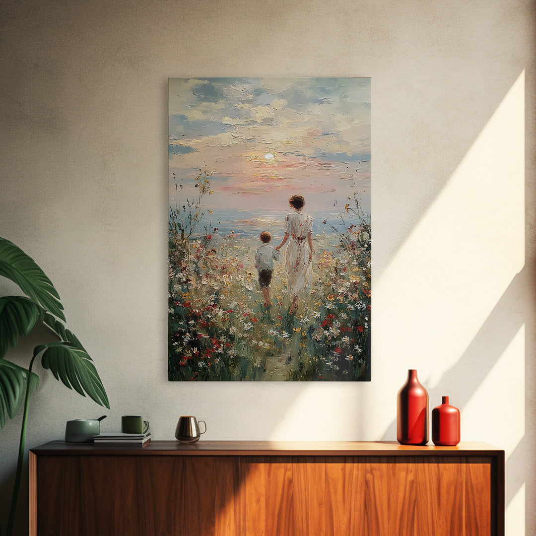 Mother And Child Sunset Seaside Wall Art, Wildflower Path Oil Painting, Coastal Decor, Gift For Mom, Living Room Art, Fine Art Print
