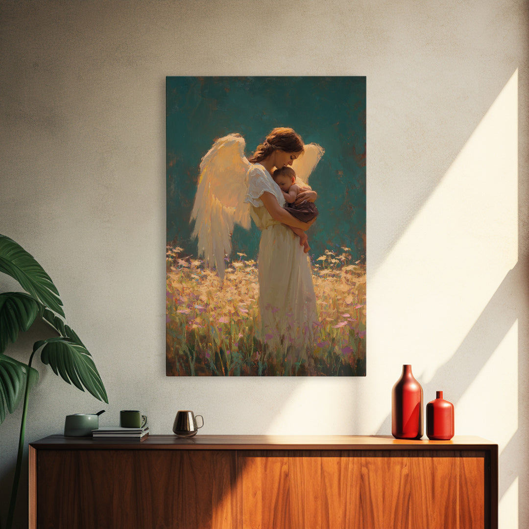 Guardian Angel Holding Baby In Flower Meadow Framed Canvas Print, Spiritual Wall Art, Nursery Decor, Gift For Mom, Baby Shower Gift