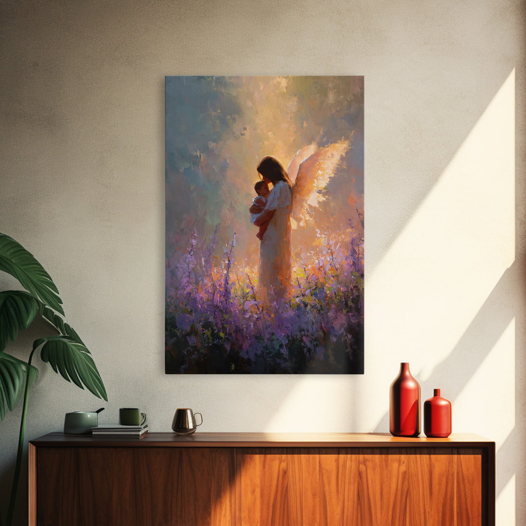 Glowing Guardian Angel With Baby In Lavender Field Canvas Print, Spiritual Wall Art, Christian Decor, Gift For Mom, Nursery Decor