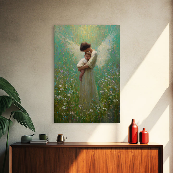 Soft Guardian Angel Holding Baby In Green Meadow Canvas Print, Spiritual Wall Art, Nursery Decor, Baby Shower Gift, Gift For Mom