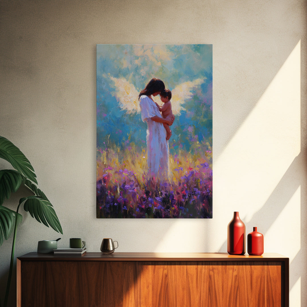 Angel Mother And Baby In Purple Wildflower Field Framed Canvas Print, Spiritual Wall Art, Nursery Decor, Gift For Mom, Baby Shower Gift