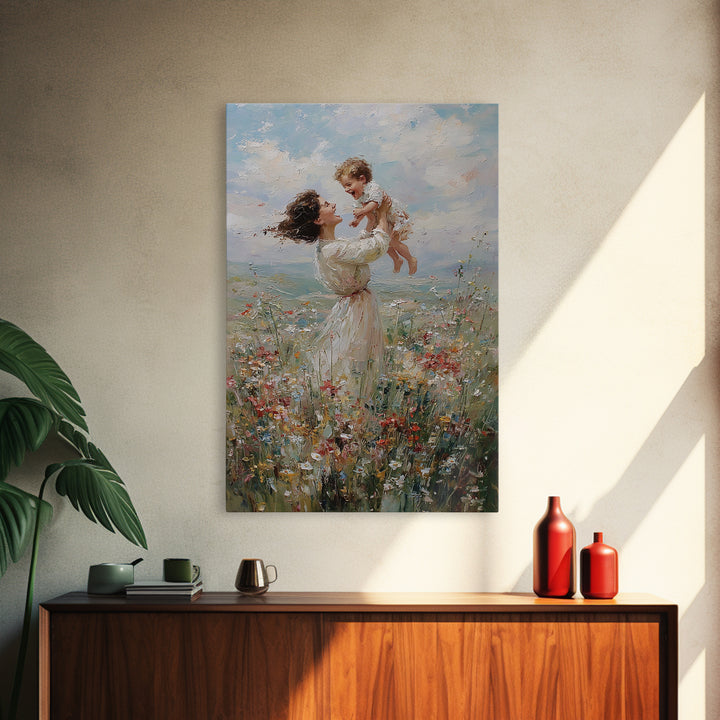Joyful Mother Lifting Baby In Wildflower Meadow Wall Art, Impressionist Oil Painting, Nursery Decor, Gift For Mom, Living Room Art