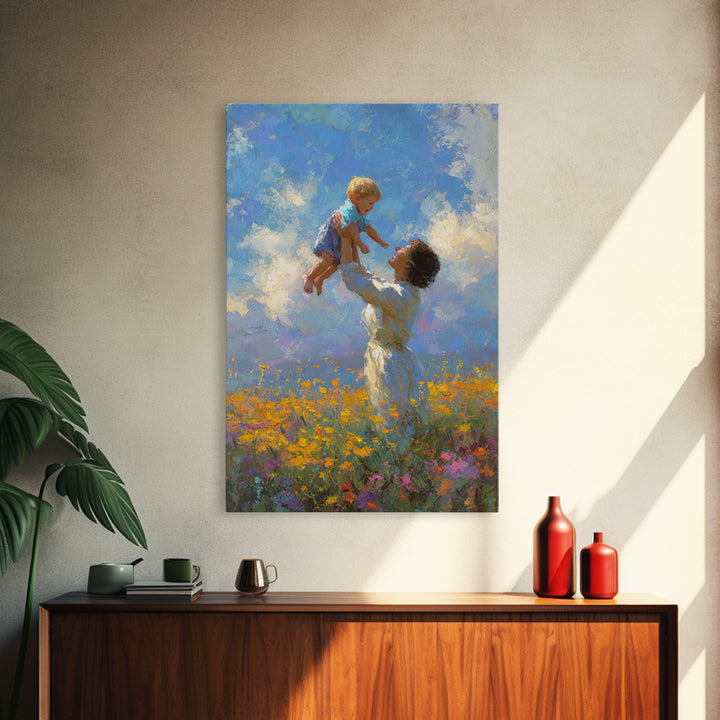 Mother Lifting Child Into Blue Sky Canvas Print, Joyful Wildflower Oil Painting, Nursery Decor, Gift For Mom, Living Room Decor