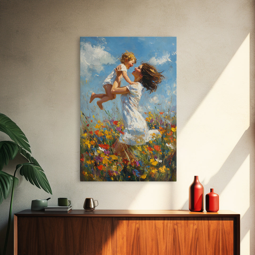 Mother And Child In Wildflower Meadow Wall Art, Impressionist Oil Painting Print, Nursery Decor, Gift For Mom, Feminine Home Decor