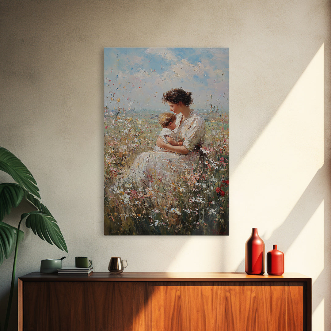 Nursing Mother And Baby In Wildflower Meadow Wall Art, Impressionist Oil Painting Print, Feminine Nursery Decor, Gift For Mom
