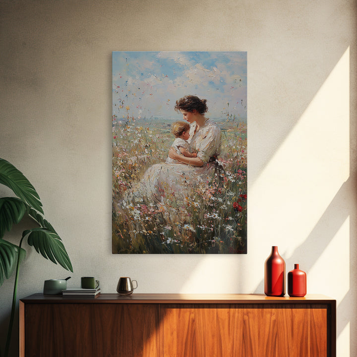 Nursing Mother And Baby In Wildflower Meadow Wall Art, Impressionist Oil Painting Print, Feminine Nursery Decor, Gift For Mom