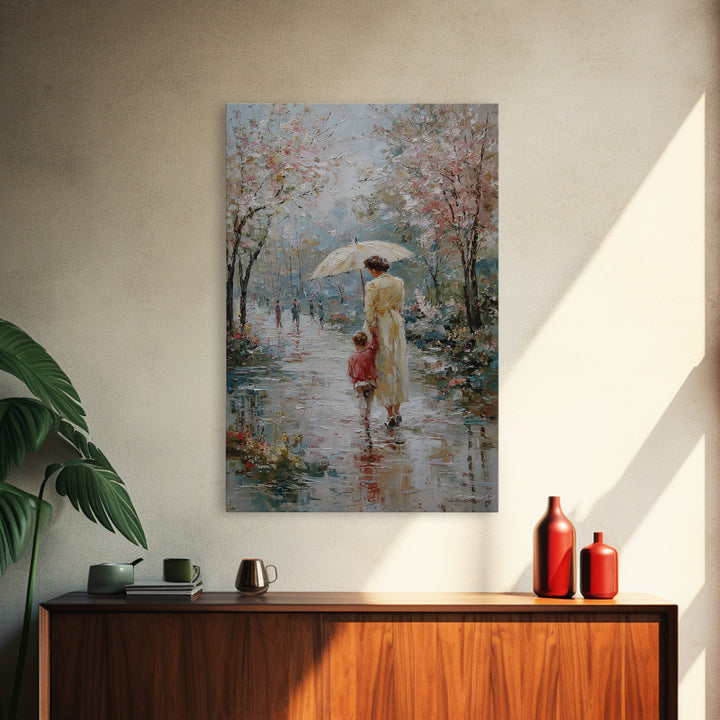 Mother And Child In Spring Rain Wall Art, Impressionist Umbrella Painting, Floral Path Canvas, Nursery And Living Room Decor