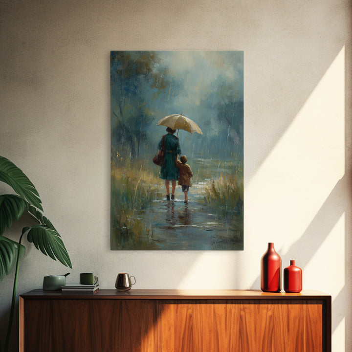 Mother And Child Rainy Pond Canvas Print, Moody Blue Impressionist Landscape Art, Umbrella Painting For Bedroom Decor, Home Decor