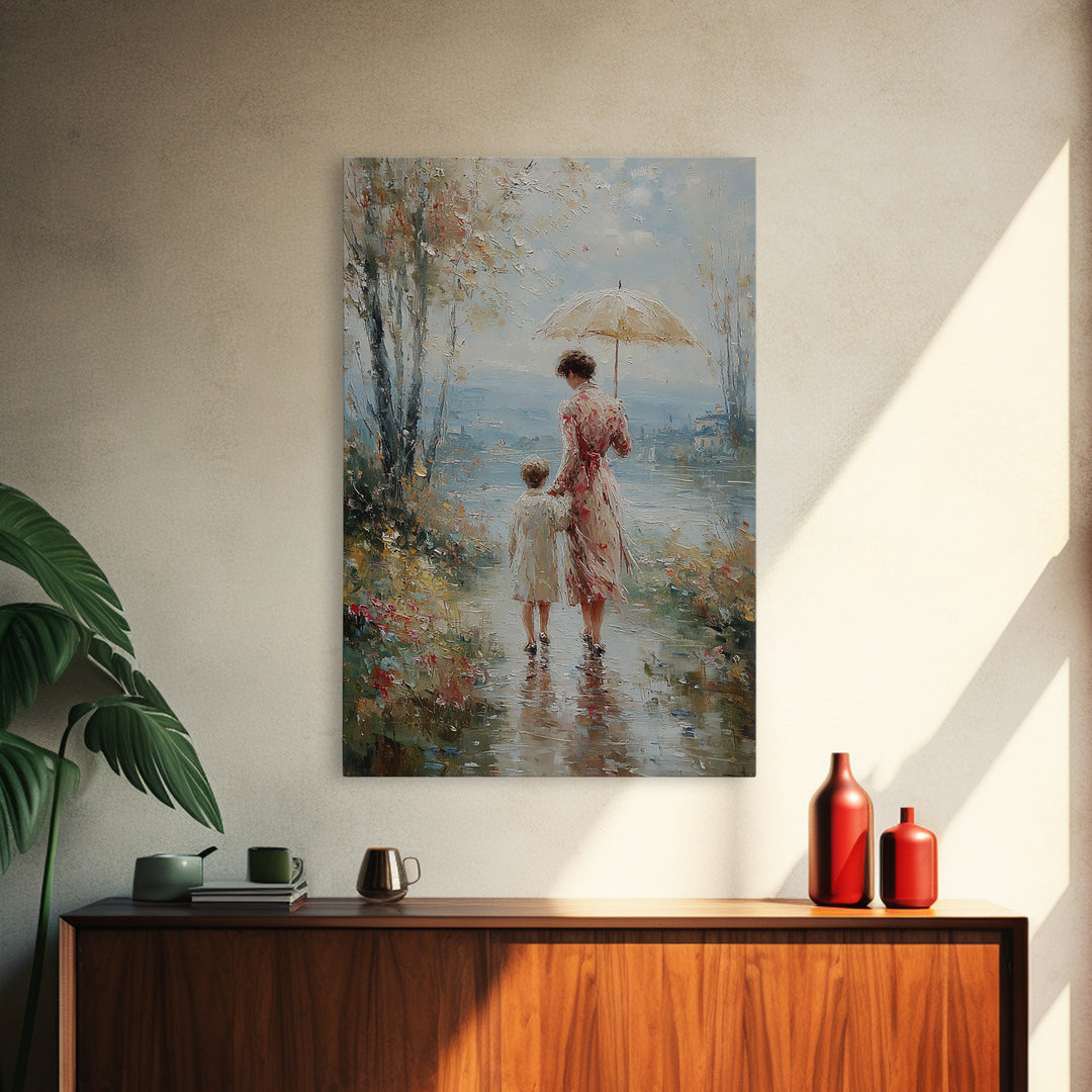 Mother And Child By Misty Lake Framed Canvas Print, Romantic Umbrella Painting, Coastal Floral Living Room Wall Decor Art
