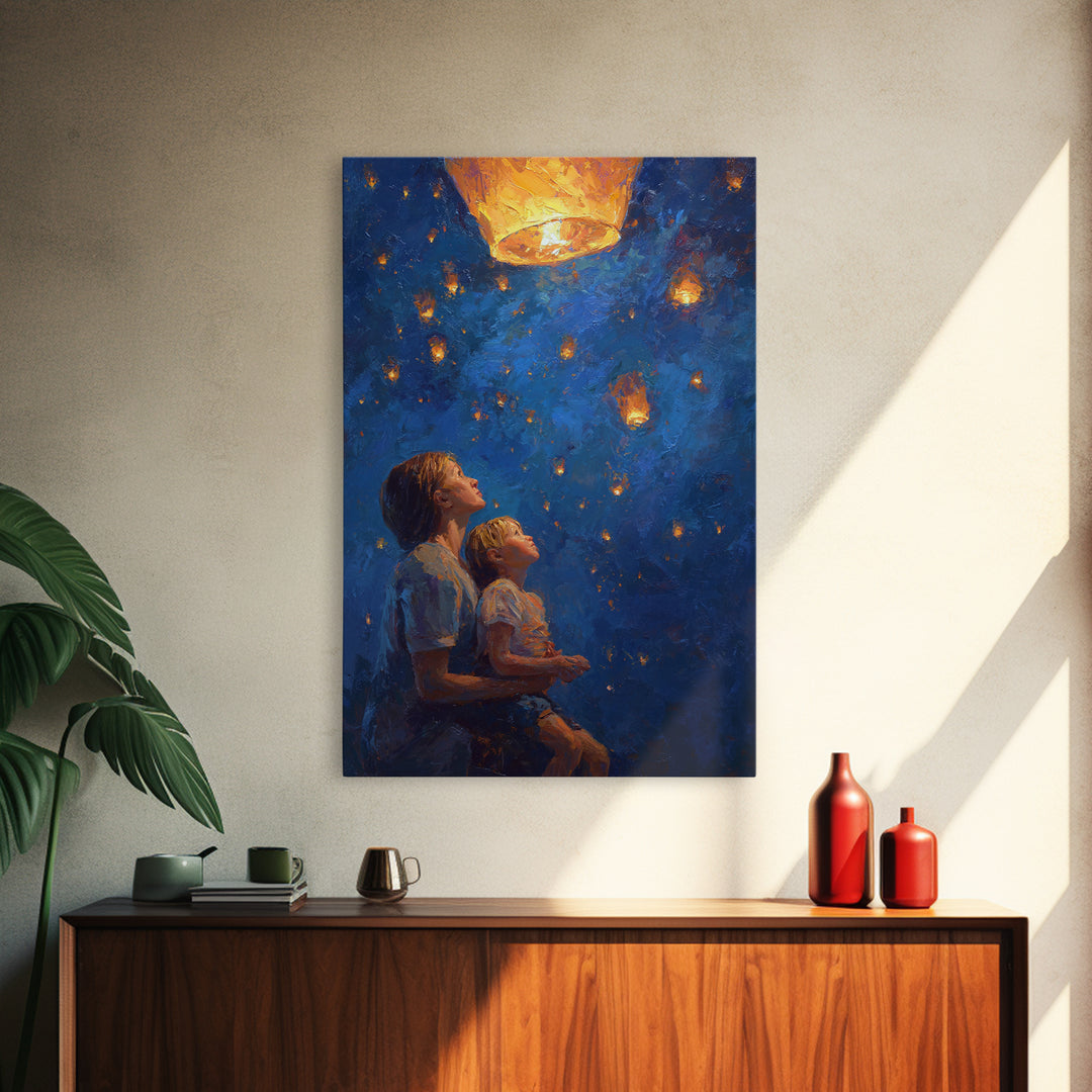 Mother And Child Under Glowing Lantern Framed Canvas Print, Blue Night Sky Wall Art, Celestial Family Bedroom Decor Gift