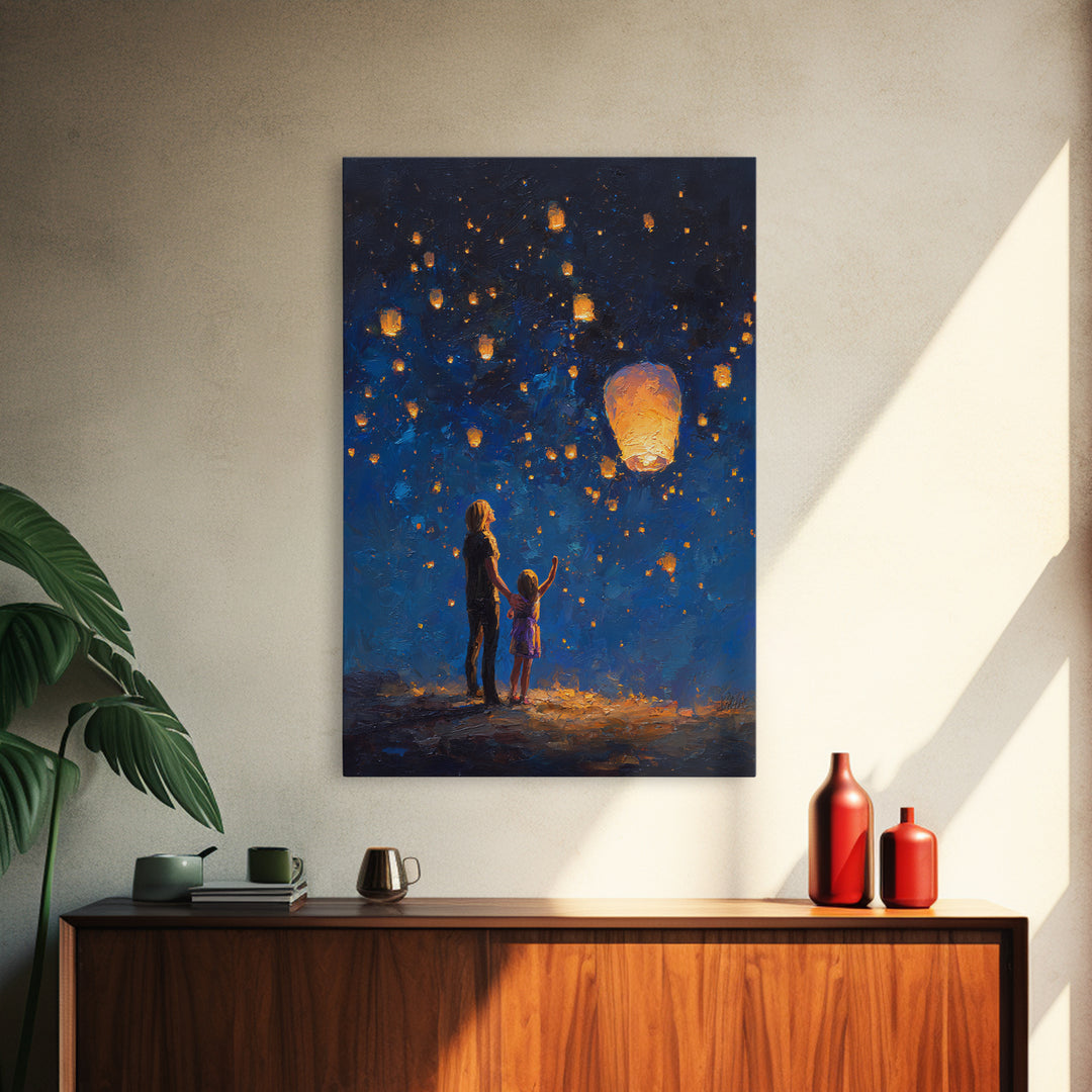 Mother And Daughter Lantern Festival Wall Art, Blue Night Celestial Canvas Print, Family Nursery Home Decor And Gift For Her