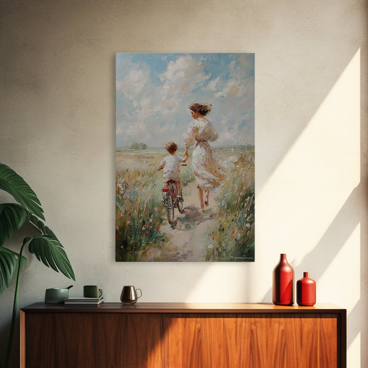 Mother In White Dress Walking With Child On Bicycle Canvas Print, Coastal Meadow Wall Art, Impressionist Family Home Decor
