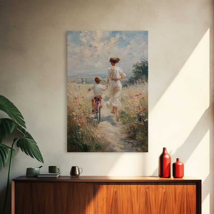 Windy Meadow Mother And Child Bike Ride Canvas Print, Coastal Landscape Wall Art, Wildflower Family Living Room Decor, Housewarming Gift