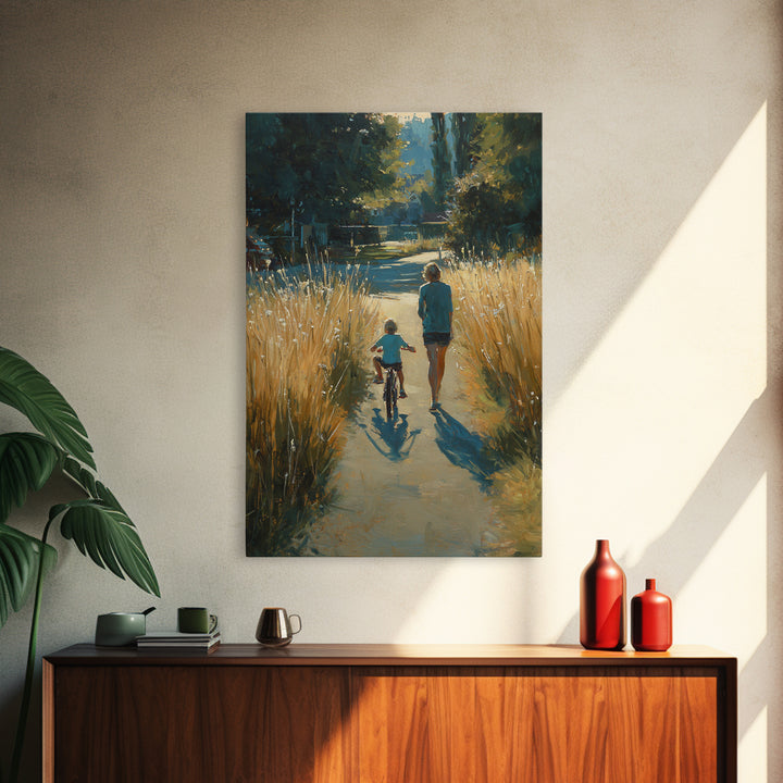 Backlit Mother And Child By Golden River Path Canvas Print, Nature Wall Art, Warm Rustic Living Room Decor, Gift For Her