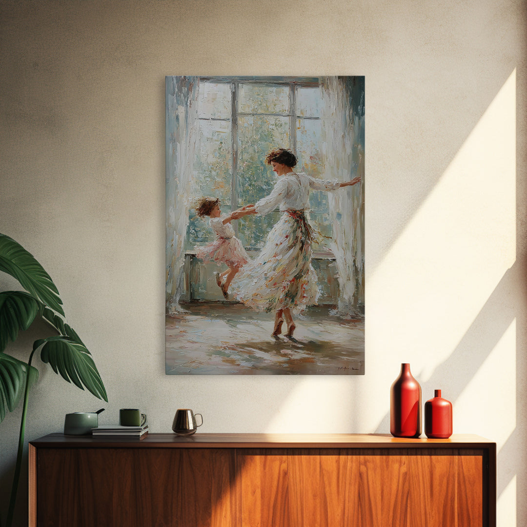 Mother And Daughter Dancing In Bright Sunlit Window Canvas Print, Impressionist Wall Art, Feminine Bedroom Decor, Gift For Mom