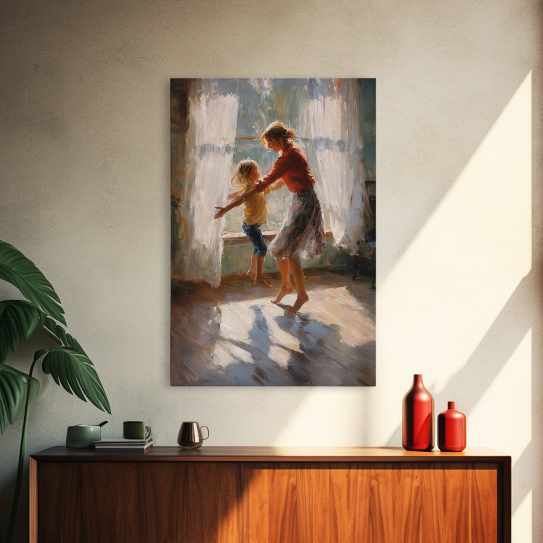 Sunlit Mother And Child Dancing By Lace Curtains Canvas Print, Impressionist Wall Art, Cozy Family Home Decor, Gift For Mom