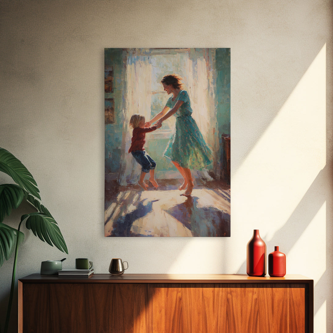 Mother And Child Dancing In Teal Dress Sunlight Canvas Print, Warm Impressionist Family Wall Art, Cozy Bedroom Decor, Gift For Her