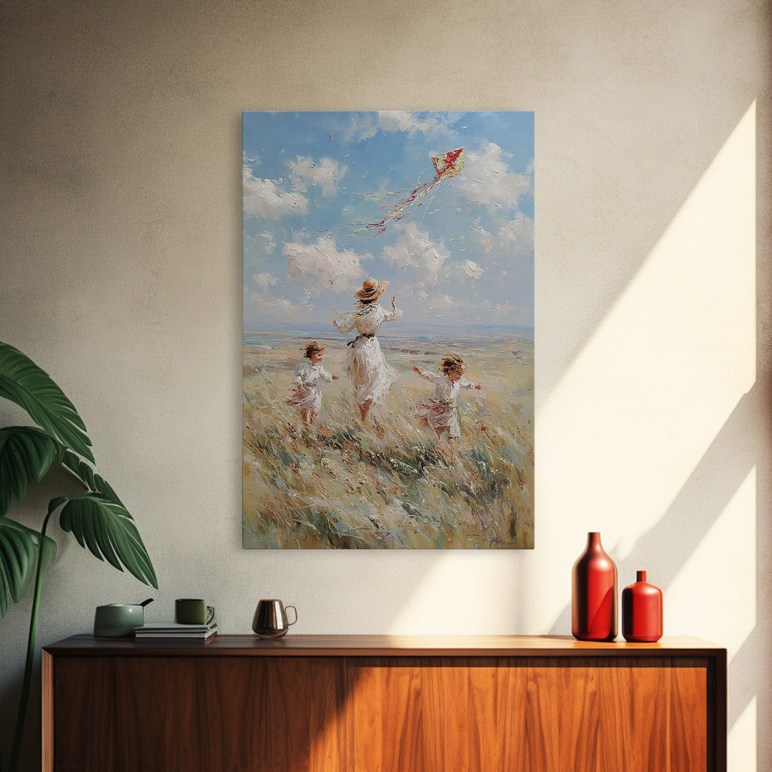 Mother And Children Flying Red Kite In Coastal Meadow Canvas Print, Whimsical Family Wall Art, Beach House Decor Gift For Her