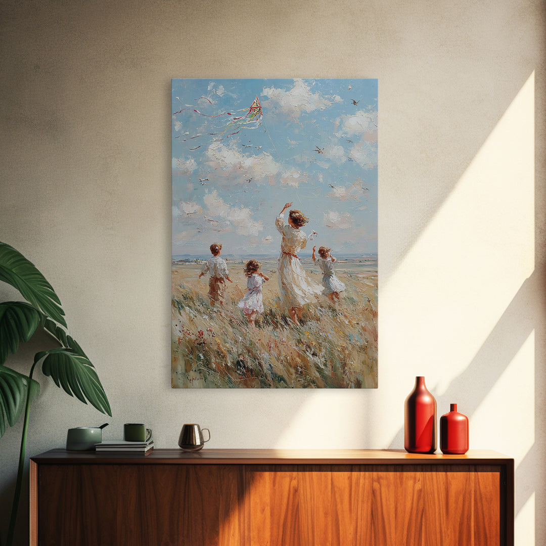Mother And Children Flying Kite By Sea Canvas Print, Coastal Wall Art, Beach House Decor, Family Gift, Living Room Decor